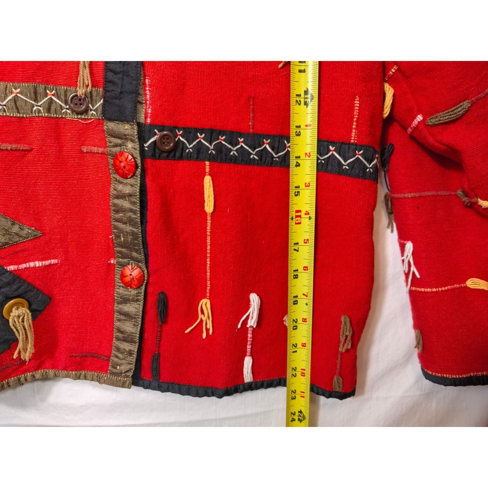 Red‎ Artisan Jacket Textured Tassels Geometric Appliqué Artwear M Boho Unique - Picture 4 of 8